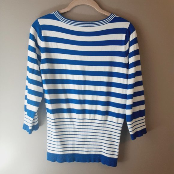 Belldini Striped Cardigan, V-neck, 3/4 Sleeve, Royal Blue & White | Medium - Picture 8 of 14